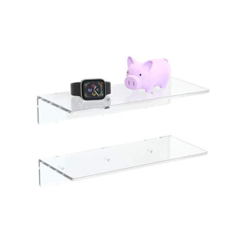 FEMELI Clear Acrylic Floating Wall Shelf for Figures Collections Plant Photo in Bedroom Living Room Office,Wall Mounted Storage Shelf 12 Inch,2 Pack