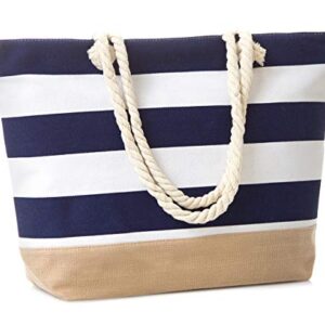 Leisureland Canvas Tote Beach Bag, Water Resistant Shoulder Tote Bag (L20"xH15"xW6", Stripe Navy Blue)