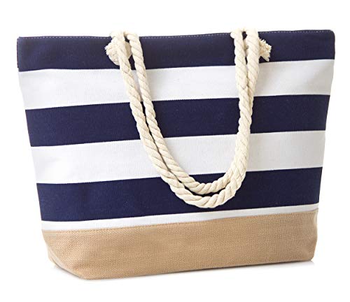 Leisureland Canvas Tote Beach Bag, Water Resistant Shoulder Tote Bag (L20"xH15"xW6", Stripe Navy Blue)