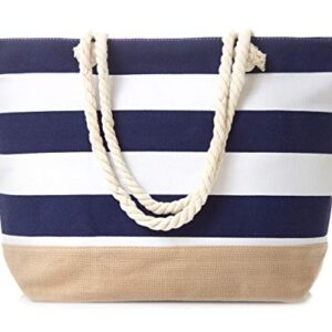 Leisureland Canvas Tote Beach Bag, Water Resistant Shoulder Tote Bag (L20"xH15"xW6", Stripe Navy Blue)