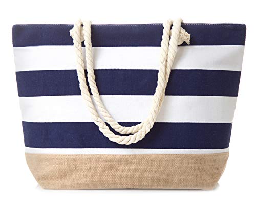 Leisureland Canvas Tote Beach Bag, Water Resistant Shoulder Tote Bag (L20"xH15"xW6", Stripe Navy Blue)