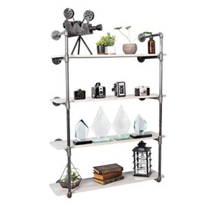 pipe decor 4 tier industrial shelves, vintage iron diy shelving unit, rustic wall mounted hanging bookshelf, perfect for garage or kitchen storage, heavy duty floating black metal rack four shelf kit
