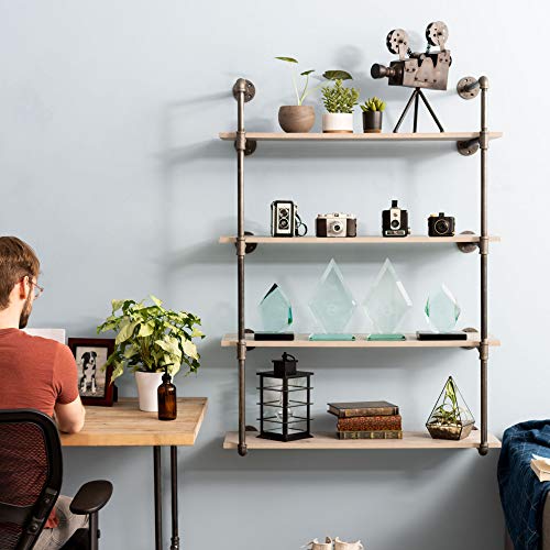 Pipe Decor 4 Tier Industrial Shelves, Vintage Iron DIY Shelving Unit, Rustic Wall Mounted Hanging Bookshelf, Perfect for Garage or Kitchen Storage, Heavy Duty Floating Black Metal Rack Four Shelf Kit