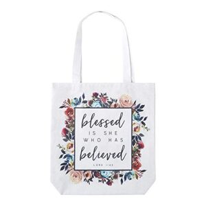 christian brands blessed is she who has believed tote bag, white, large