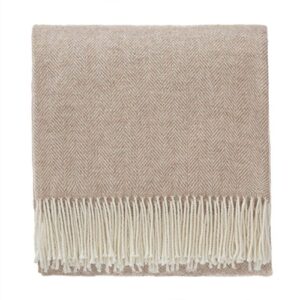 urbanara 50% alpaca wool 50% merino wool throw corcovado 51×67 light brown/off-white with fringe — blanket with decorative herringbone weave design — perfect for your couch, sofa, bed, chair