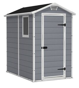 keter manor 4×6 resin outdoor storage shed kit-perfect to store patio furniture, garden tools bike accessories, beach chairs and lawn mower, grey & white