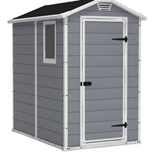 KETER Manor 4x6 Resin Outdoor Storage Shed Kit-Perfect to Store Patio Furniture, Garden Tools Bike Accessories, Beach Chairs and Lawn Mower, Grey & White