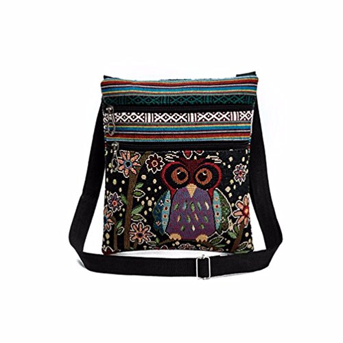 Napoo Women Embroidered Owl Tote Bags Shoulder Bag Double Zipper Postman Package (D)