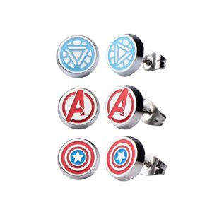 officially licensed marvel comics stainless steel women’s avenger logo pack round stud hypoallergenic earrings, unisex