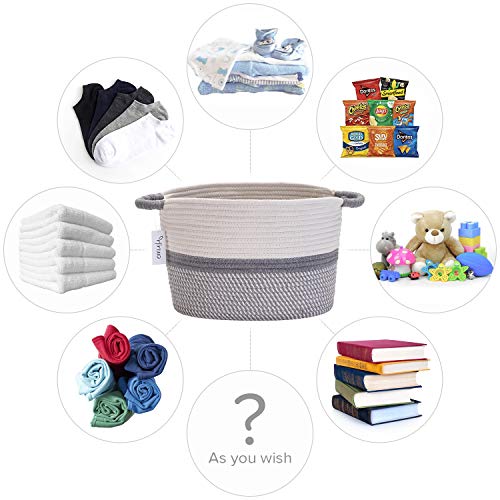 Hinwo Oval Cotton Rope Storage Basket Collapsible Nursery Storage Box Container Organizer with Handles, 13 x 10 inches, Off White and Grey