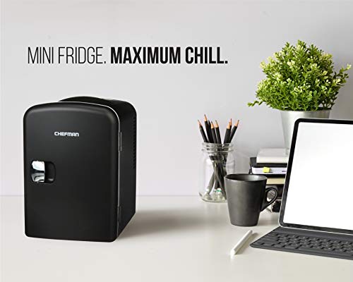 Chefman Mini Portable Black Personal Fridge Cools Or Heats and Provides Compact Storage For Skincare, Snacks, Or 6 12oz Cans W/A Lightweight 4-liter Capacity To Take On The Go