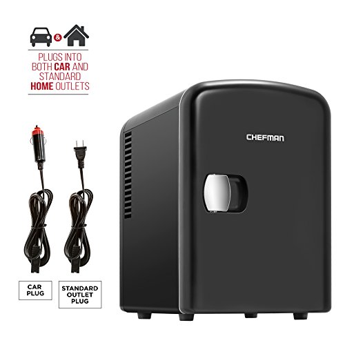 Chefman Mini Portable Black Personal Fridge Cools Or Heats and Provides Compact Storage For Skincare, Snacks, Or 6 12oz Cans W/A Lightweight 4-liter Capacity To Take On The Go