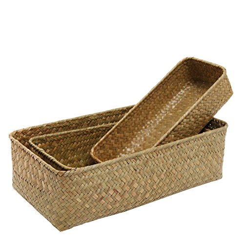 MyGift Medium Handwoven Natural Seagrass Woven Storage Basket, Rectangular Home Organizer Bins, 3-Piece Set, 12, 11 and 9 Inch Baskets