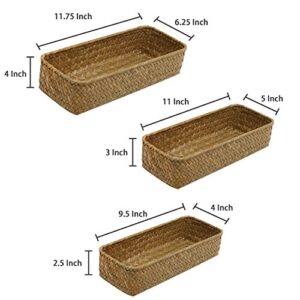 MyGift Medium Handwoven Natural Seagrass Woven Storage Basket, Rectangular Home Organizer Bins, 3-Piece Set, 12, 11 and 9 Inch Baskets