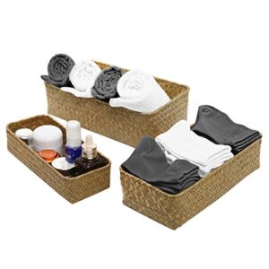 MyGift Medium Handwoven Natural Seagrass Woven Storage Basket, Rectangular Home Organizer Bins, 3-Piece Set, 12, 11 and 9 Inch Baskets