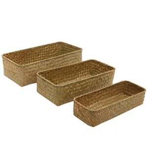 MyGift Medium Handwoven Natural Seagrass Woven Storage Basket, Rectangular Home Organizer Bins, 3-Piece Set, 12, 11 and 9 Inch Baskets