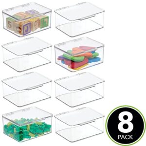 mDesign Plastic Playroom and Gaming Storage Organizer Box Containers with Hinged Lid for Shelves or Cubbies, Holds Small Toys, Building Blocks, Puzzles, Markers, Controllers, or Crayons, 8 Pack, Clear