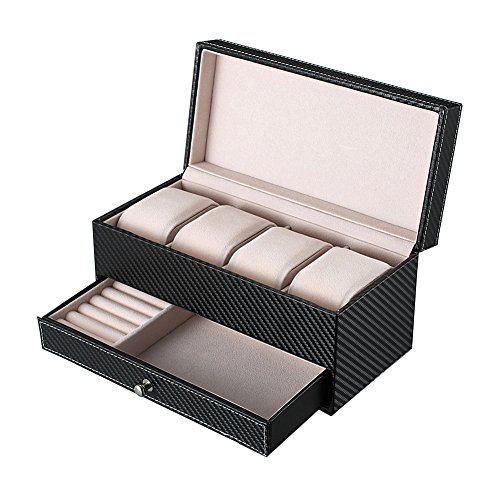 goldwheat Watch Box PU Leather Jewelry Organizer Travel Display Case for Men/Women,4 Slots Magnetic Top,Black