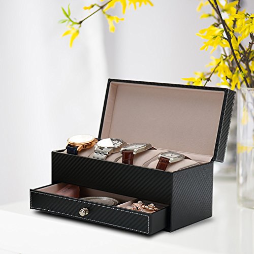 goldwheat Watch Box PU Leather Jewelry Organizer Travel Display Case for Men/Women,4 Slots Magnetic Top,Black