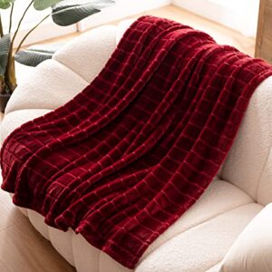 Bertte Plush Throw Super Soft Fuzzy Warm Blanket | 330 GSM Lightweight Fluffy Cozy Luxury Decorative Stripe Blanket for Bed Couch - 50"x 60", Burgundy