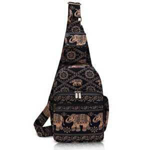 women sling bag elephant canvas large boho backpacks bohemian crossbody bag (black)