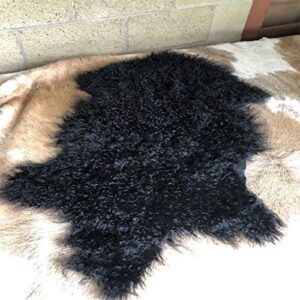 seek4comfortable black genuine mongolian sheepskin pelt fur area rug, tibetan curly fur throw with super fluffy thick decorative as throw rug 41.5-43.5in long and 24-25.6 in wide