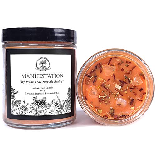 Manifestation Affirmation Candle | 9 oz Natural Soy Wax & Citrine Crystals, Herbs & Essential Oils | Dreams, Wishes, Law of Attraction Rituals | Wiccan, Pagan Metaphysical, Spirituality