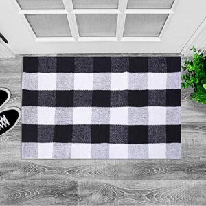 cotton rug buffalo checkered plaid rug door mat for entry way washable doormat layering mats(24″ x 35″, black and white plaid rug)