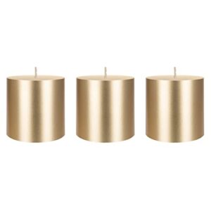 mega candles 3 pcs unscented gold round pillar candle, hand poured premium wax candles 3 inch x 3 inch, home décor, wedding receptions, baby showers, birthdays, celebrations, party favors & more