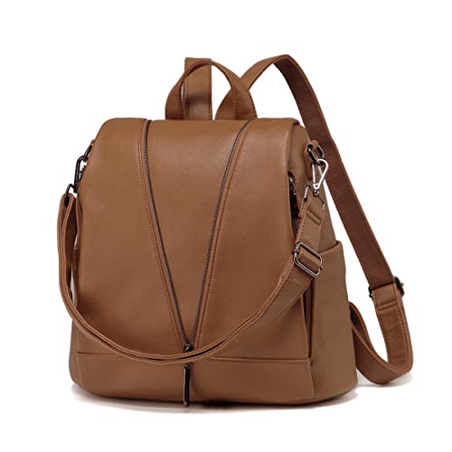 Women Backpack Purse PU Leather Anti-theft Casual Shoulder Bag Fashion Ladies Satchel Bag Large Capacity Travel Bag Waterproof Multipurpose Crossbody Handbag, Brown