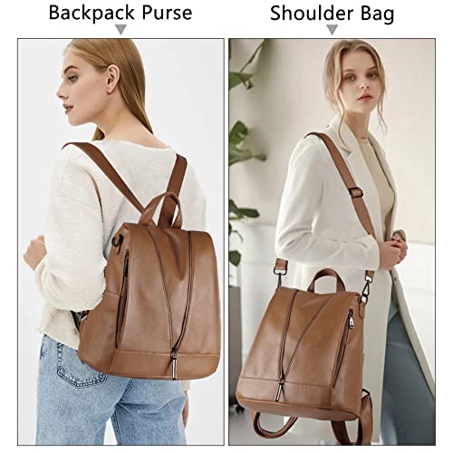 Women Backpack Purse PU Leather Anti-theft Casual Shoulder Bag Fashion Ladies Satchel Bag Large Capacity Travel Bag Waterproof Multipurpose Crossbody Handbag, Brown