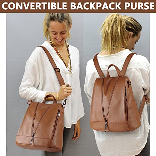 Women Backpack Purse PU Leather Anti-theft Casual Shoulder Bag Fashion Ladies Satchel Bag Large Capacity Travel Bag Waterproof Multipurpose Crossbody Handbag, Brown
