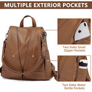 Women Backpack Purse PU Leather Anti-theft Casual Shoulder Bag Fashion Ladies Satchel Bag Large Capacity Travel Bag Waterproof Multipurpose Crossbody Handbag, Brown