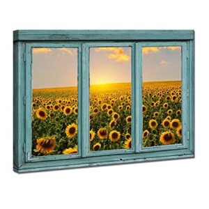 iknow foto canvas prints wall art vintage teal window looking out into sunflower pictures warm color sunrise in the field landscape painting print art work for living room decor 24x36inch