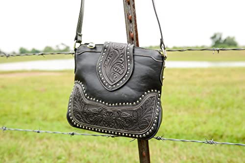 Concealed Carry Tooled Leather Crossbody Purse - Black