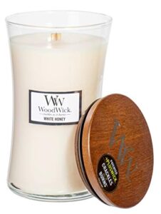 woodwick white honey scented crackling wooden wick hourglass candle in clear glass jar, large – 21.5 oz