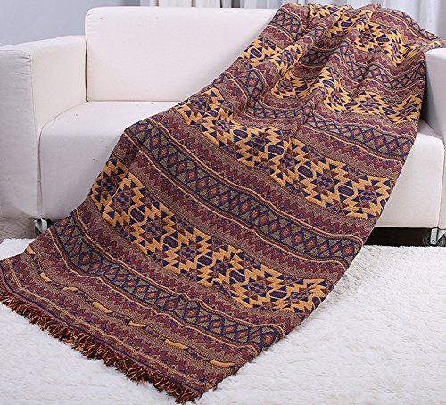 ChezMax 100% Pure Cotton Bohemian Style Woven Couch Throw Blanket Bedroom Decor Beach Blanket with Decorative Tassels Yellow 51"X71"