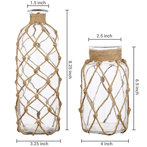 MyGift Coastal Style Decorative Glass Bottles with Rope Wrapping, Set of 2