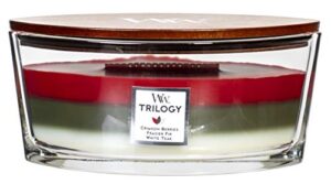 woodwick trilogy winter garland – crimson berries, frasier fir, white teak scented crackling wooden wick candle in glass vessel