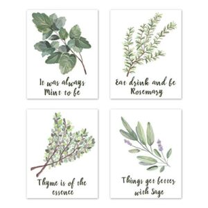 a luxehome wall art home funny inspirational puns prints signs room decor – for kitchen and dining decorations – botanical vegetable herbs spices plant garden (set of 4) unframed 8 x 10 inches green
