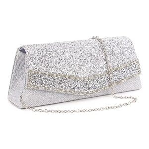 gabrine womens evening shoulder bag handbag clutch purse shiny sequins rhinestone for wedding prom party(silver)