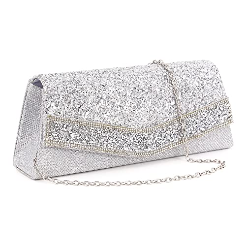 Gabrine Womens Evening Shoulder Bag Handbag Clutch Purse Shiny Sequins Rhinestone for Wedding Prom Party(Silver)