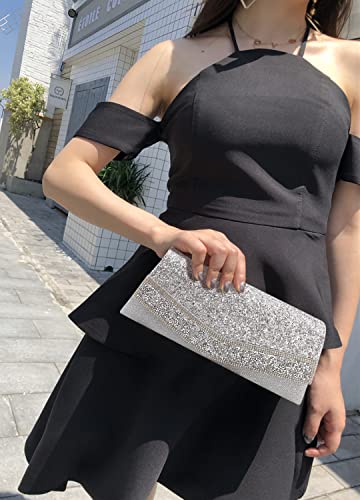 Gabrine Womens Evening Shoulder Bag Handbag Clutch Purse Shiny Sequins Rhinestone for Wedding Prom Party(Silver)