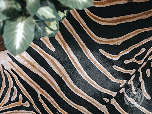 Zebra Wild Print Black On Beige Genuine Cowhide Rug 6 x 7 ft. 180 x 210 cm