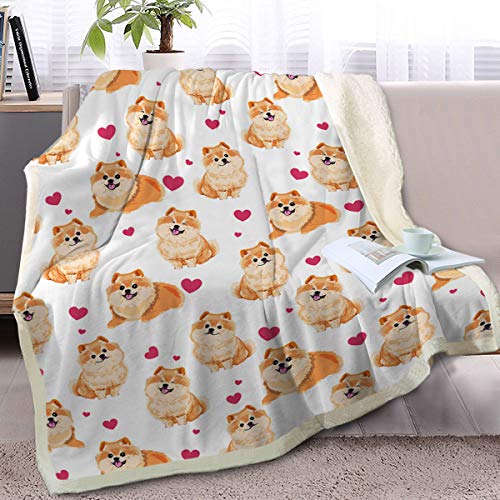 BlessLiving Red Hearts Dog Cat Print Plush Blanket Cute Puppy for Kids Adults 3D Animal Print Plush Blanket Gift for Pet Lovers (Pomeranian,Throw, 50 x 60 Inches)