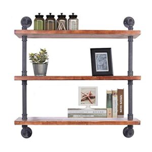 Diwhy Industrial Pipe Shelving Bookshelf Rustic Modern Wood Ladder Storage Shelf 3 Tiers Retro Wall Mount Pipe Design DIY Shelving (Black, L 36")