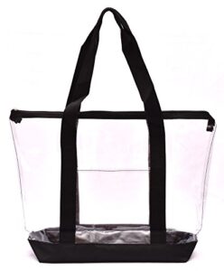 handy laundry clear tote bag – zipper closure, long shoulder strap, fabric trimming. (black)