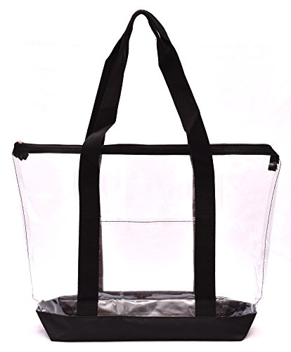 Handy Laundry Clear Tote Bag - Zipper Closure, Long Shoulder Strap, Fabric Trimming. (Black)