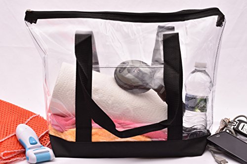 Handy Laundry Clear Tote Bag - Zipper Closure, Long Shoulder Strap, Fabric Trimming. (Black)