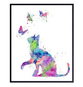 butterflies and cat art – watercolor style wall, home or apartment decor – sweet poster print gift for kitten, kitty lovers, women, girls, kids, baby room, nursery – contemporary modern 8×10 picture